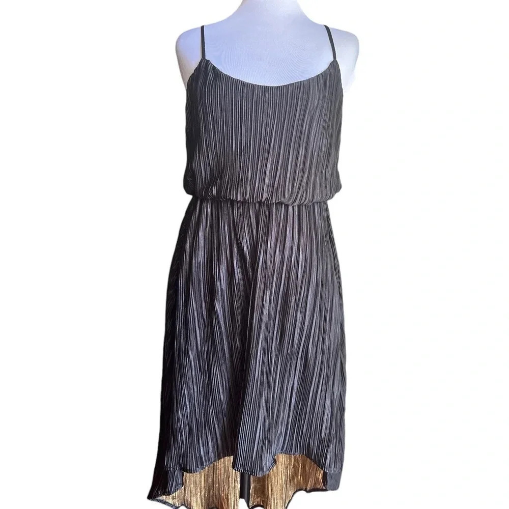 Rules of Etiquette Size XS Black Gold Pleated Blouson High Low Dress NEW